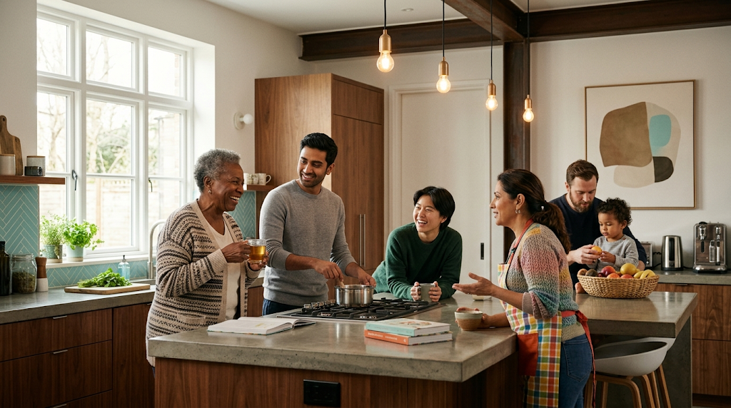 Multigenerational family gathered around a kitchen island sharing a meal.
