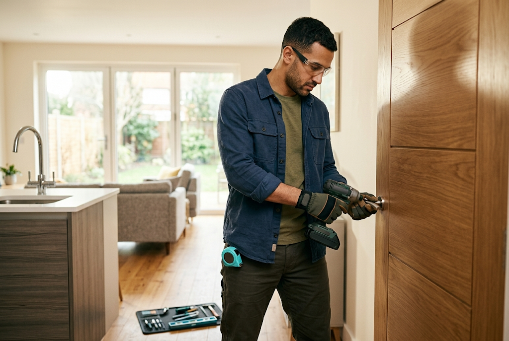 A skilled worker installing equipment in a modern home interior.