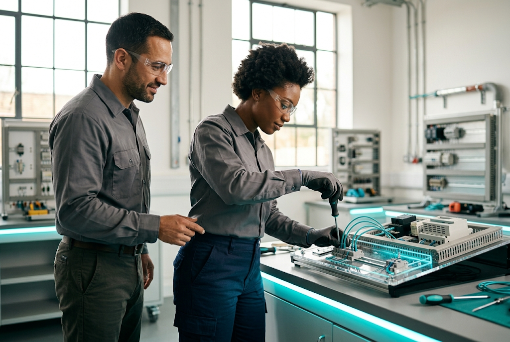 An apprentice learning a skilled trade in a clean, modern workshop.